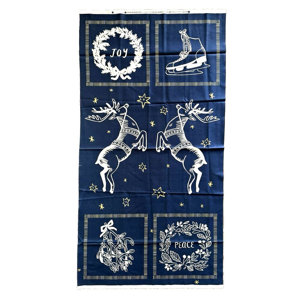 Andover Quilt Panel 8711 Good Cheer Blue White Gold Reindeer Skate Christmas